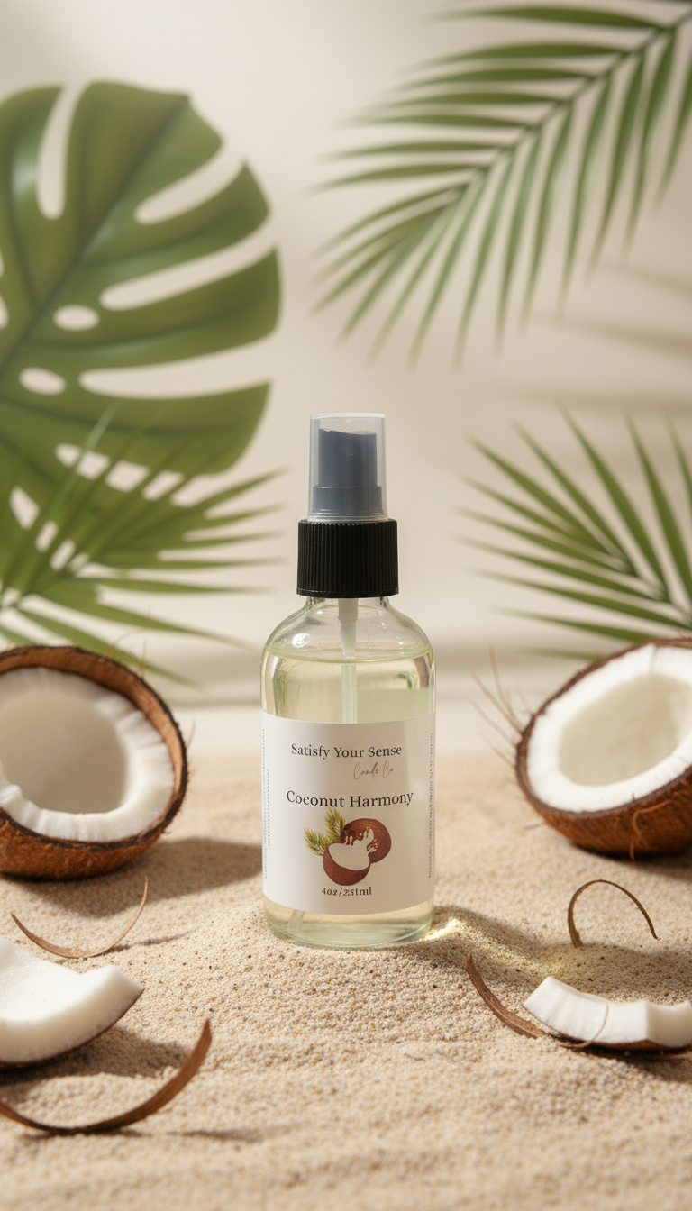 4oz Coconut Harmony Aroma Room Spray with coconuts and palm leaves.