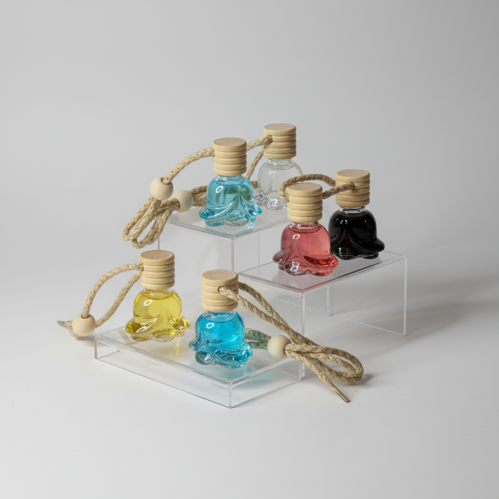 Mini flower-shaped car diffusers in various colors with wooden caps on a rope.