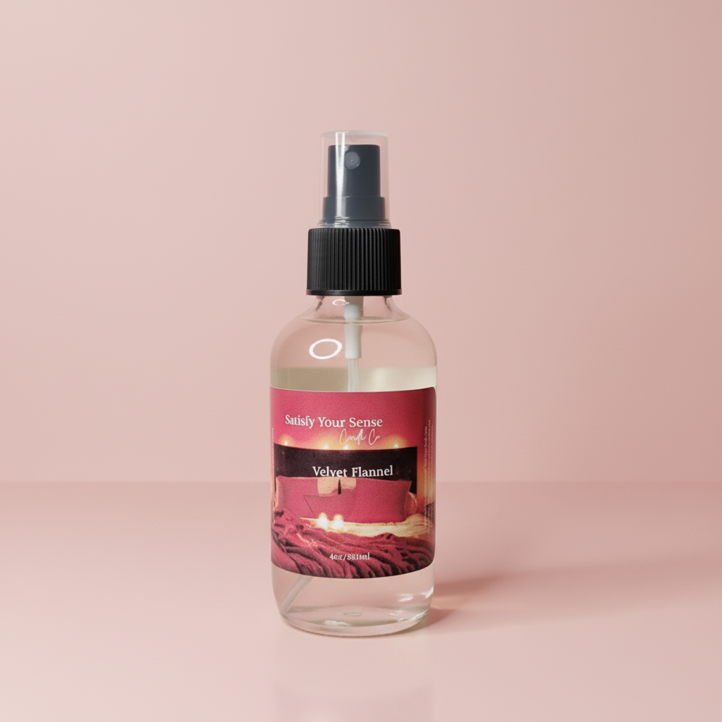 A 4oz Velvet Flannel aroma room spray in a clear bottle with a black spray top.