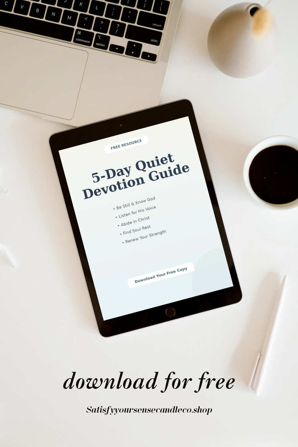 A tablet displays a 5-day quiet devotion guide on a white desk next to a laptop and coffee.