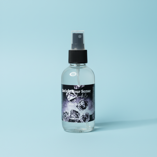 A 4oz bottle of Black Ice aroma room spray with a black cap and label featuring ice cubes.