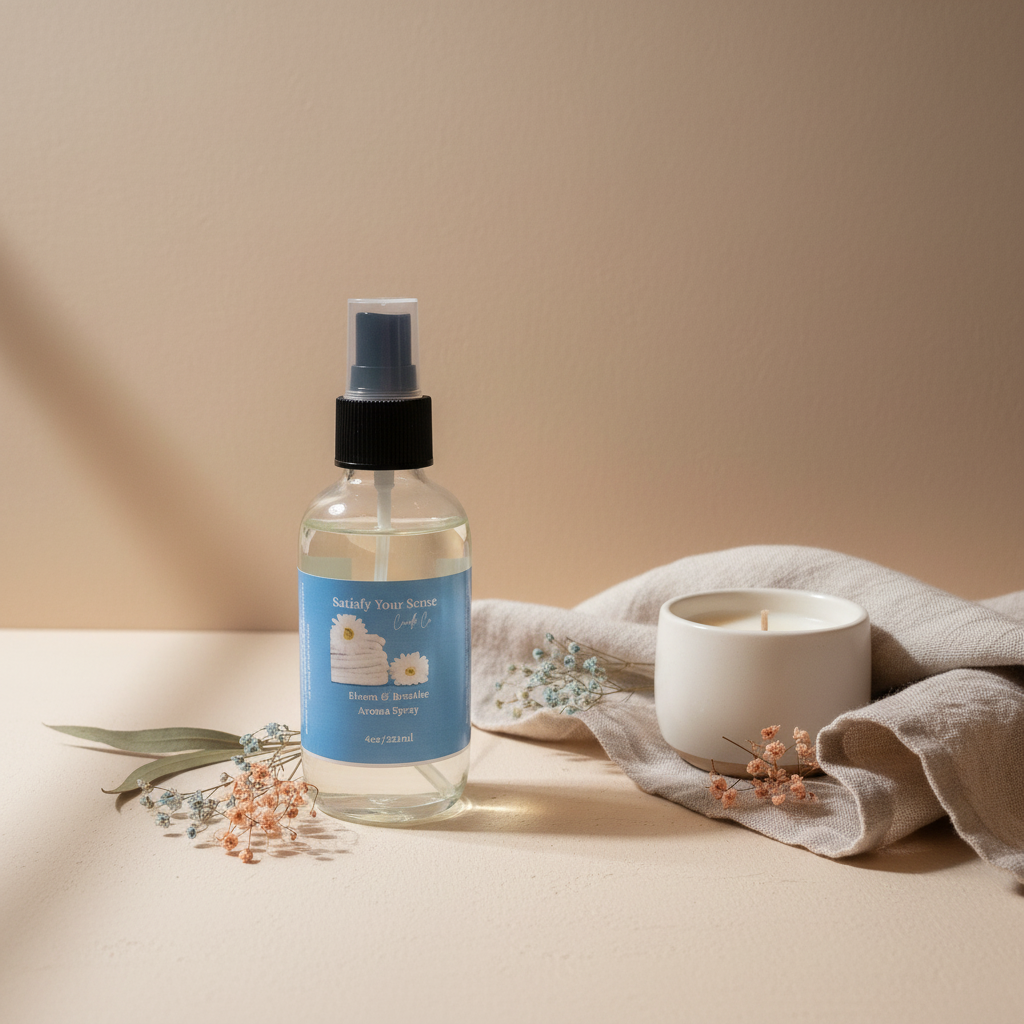 A clear bottle of Bloom & Breathe Aroma Room Spray with a blue label sits next to a white candle.