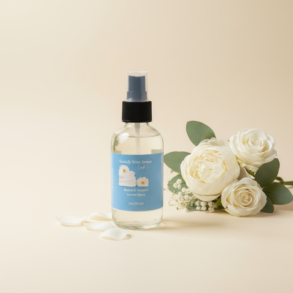 A clear glass spray bottle with a blue label sits next to white roses.