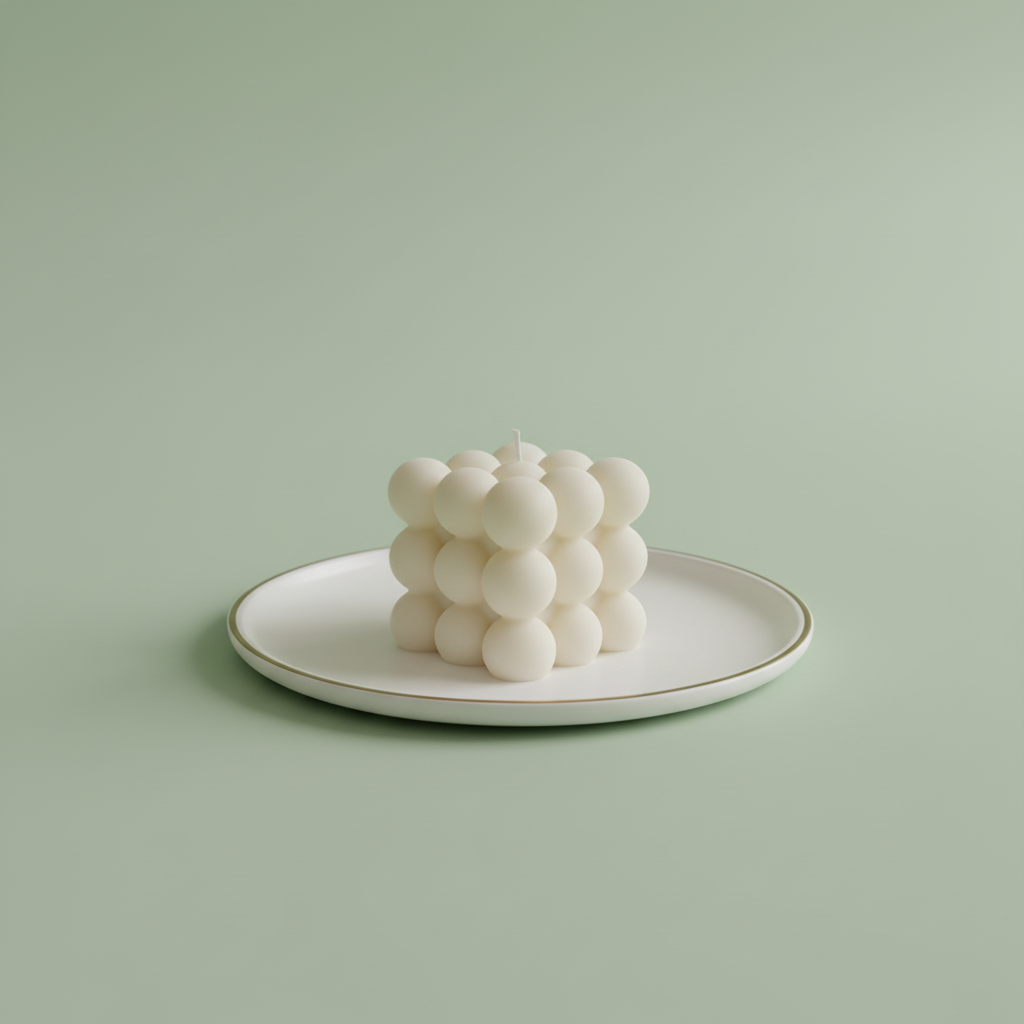 A white bubble candle sits on a white plate with a gold rim.