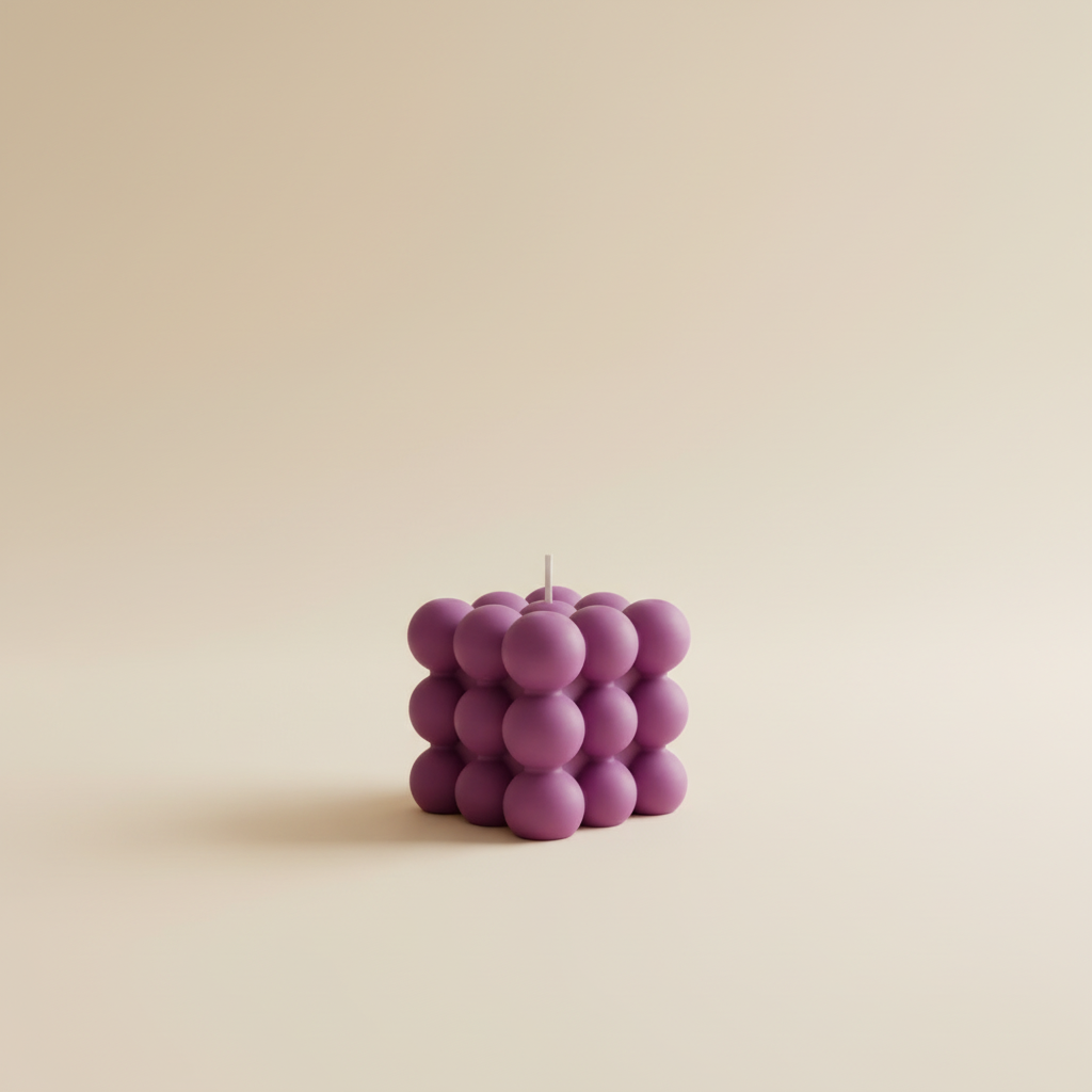 A purple bubble candle with a white wick.