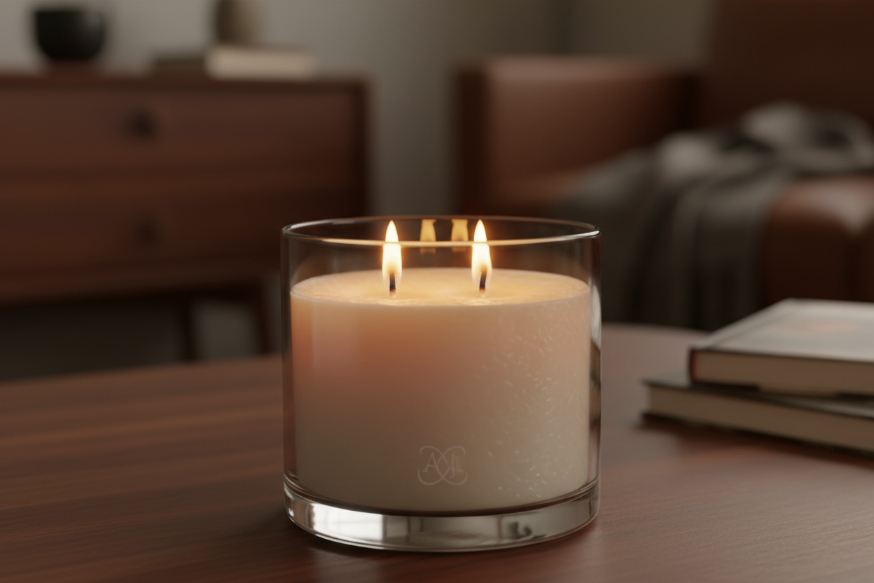 Candle with double wick burning in a clear glass vessel, lights dim, rralistic beautiful atmosphere