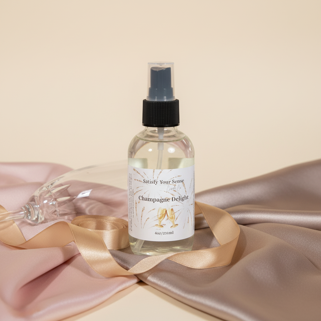 4oz Champagne Delight Aroma Room Spray with champagne glasses on label.
