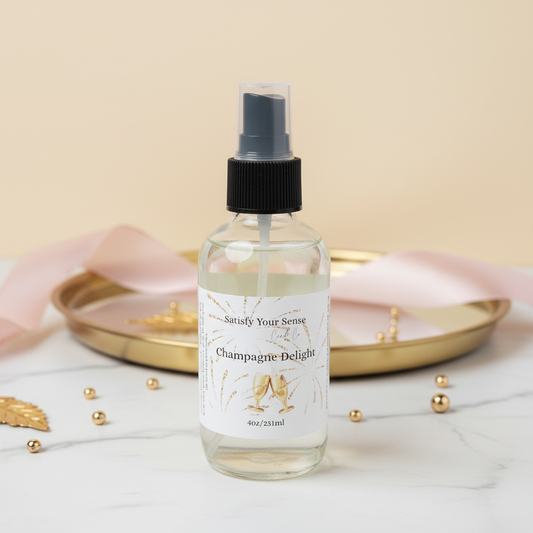4oz Champagne Delight Aroma Room Spray with a clear bottle and black spray top.