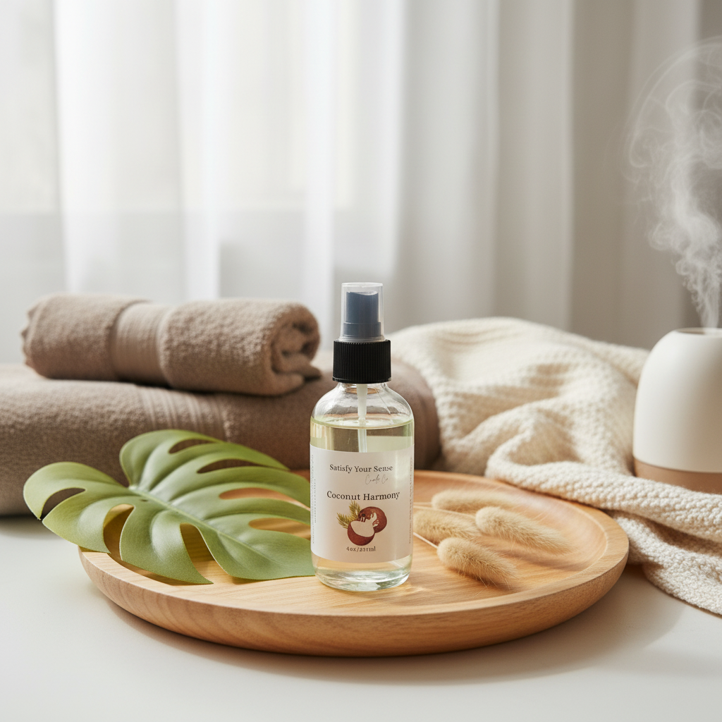 4oz Coconut Harmony room spray with a monstera leaf and dried flowers.