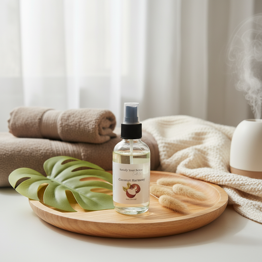 4oz Coconut Harmony room spray with a monstera leaf and dried flowers.