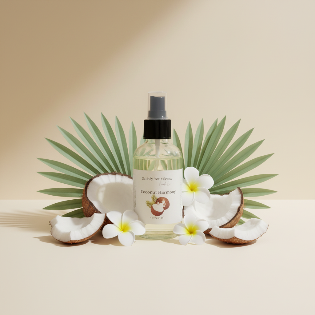 A bottle of Coconut Harmony room spray with coconuts and flowers.