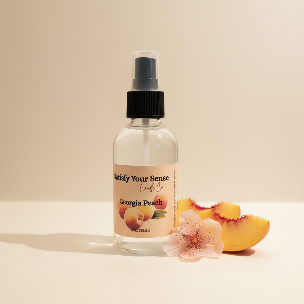 4oz Georgia Peach aroma room spray with peach slices and a flower.