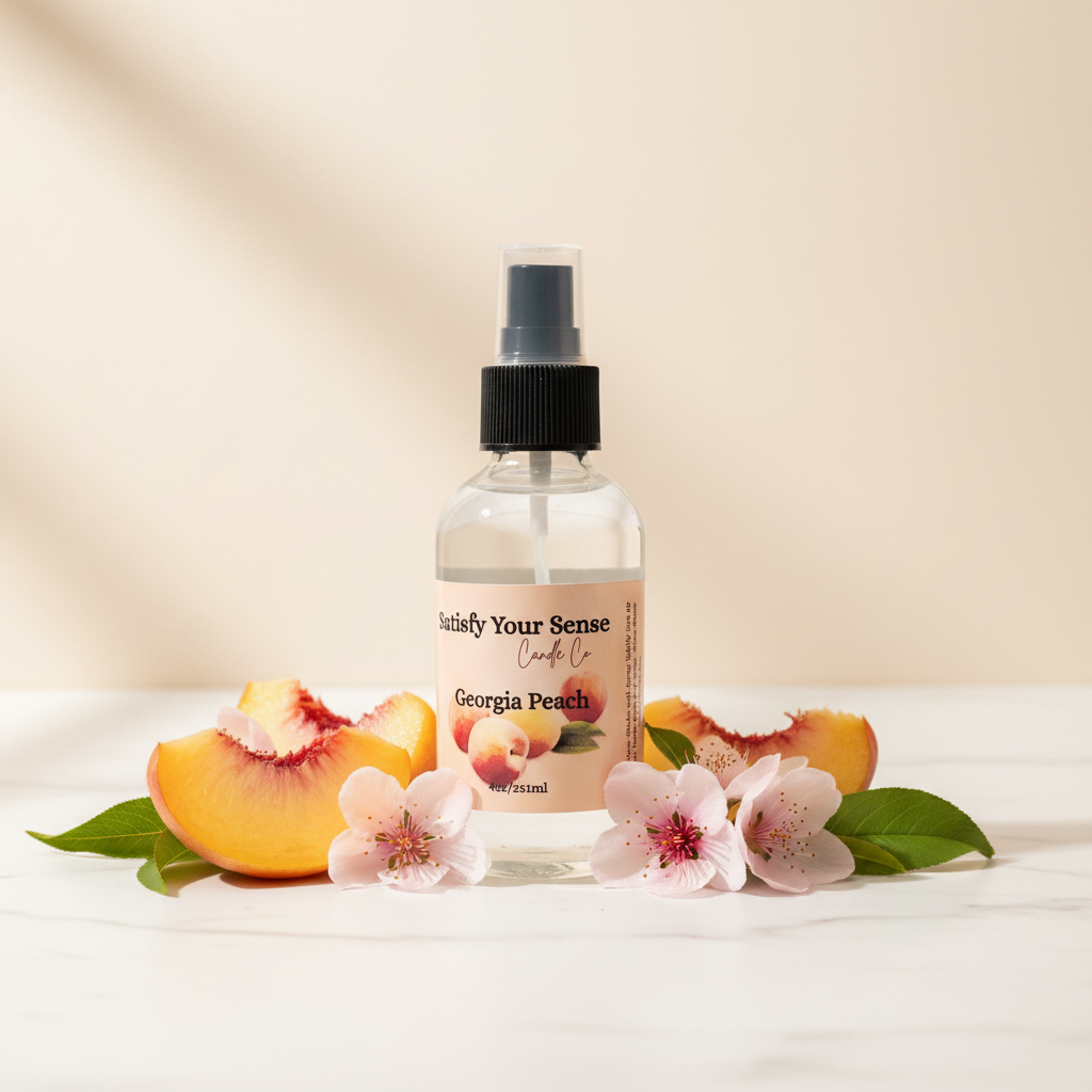 A clear bottle of Georgia Peach aroma room spray surrounded by peach slices and flowers.