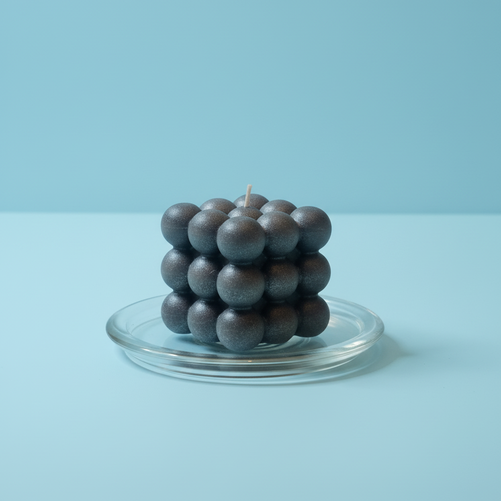 A textured black bubble candle with a metallic finish sits on a clear glass plate against a blue background.
