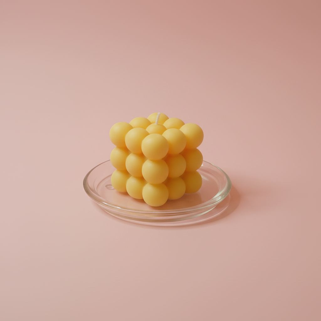 A yellow bubble-shaped candle sits on a clear glass dish against a soft pink background.