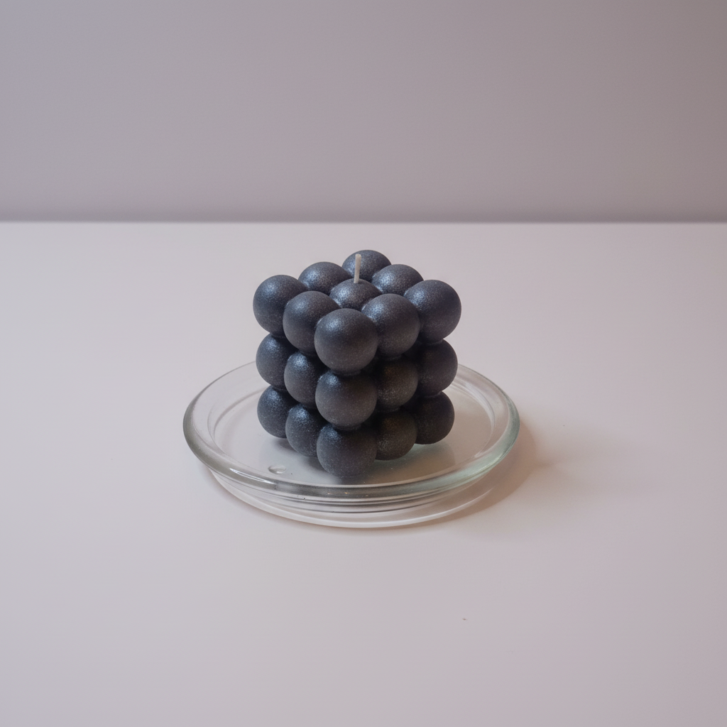 A black bubble-shaped candle with a metallic finish sits on a clear glass plate.