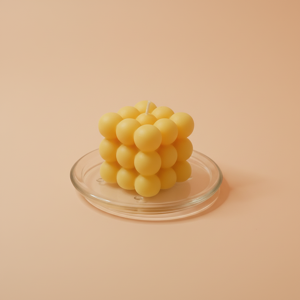 A yellow bubble-shaped candle sits on a clear glass tray against a peach-colored background.