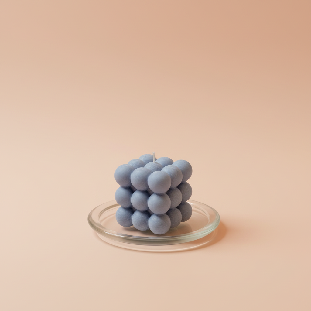 A blue cube-shaped bubble candle sits on a clear glass dish against a peach background.