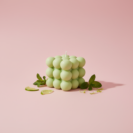 A light green bubble candle with mint and lime accents.