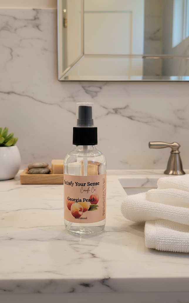 4oz Georgia Peach Aroma Room Spray with a peach illustration.