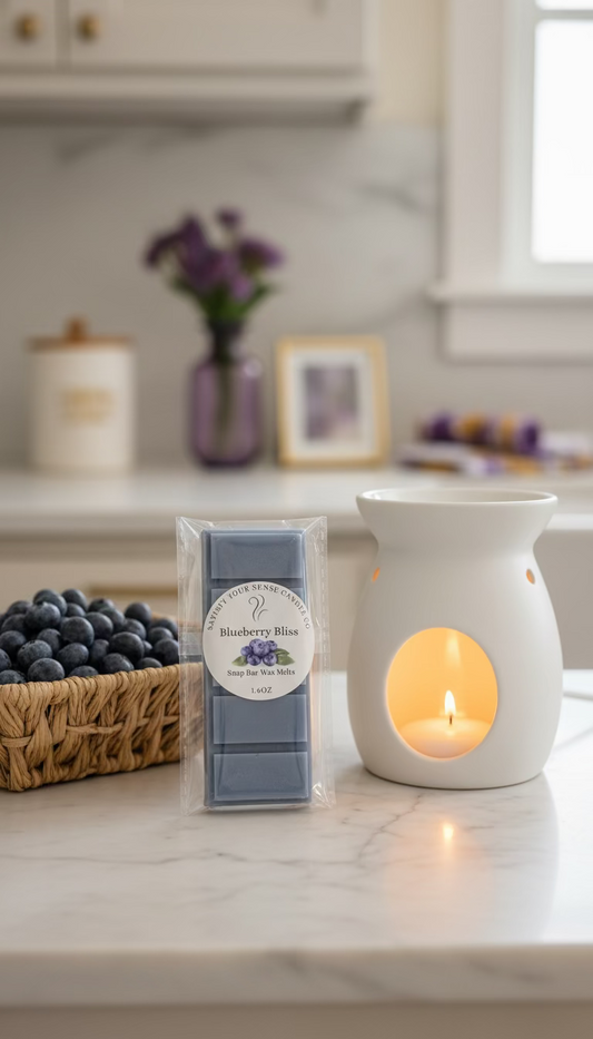 Blueberry Bliss snap bar wax melts in a package next to a basket of blueberries.