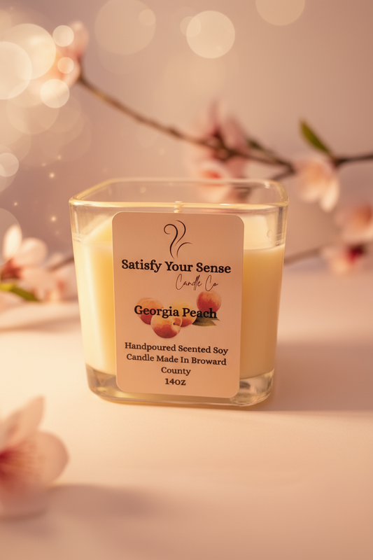 A square glass candle with a "Georgia Peach" label.