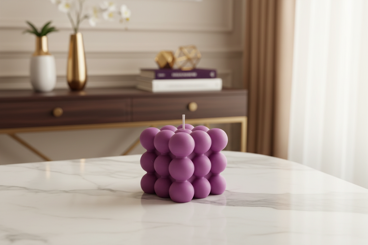 A purple bubble cube candle sits on a marble table.