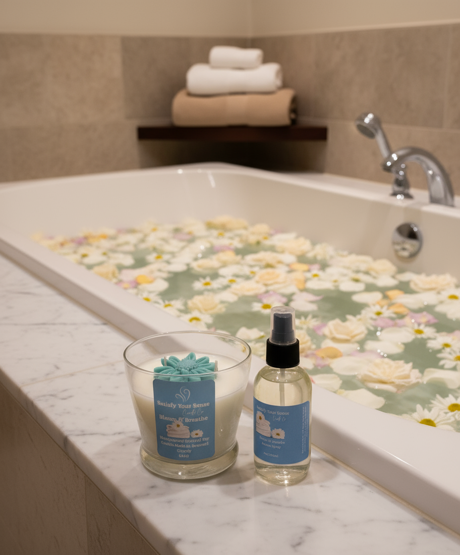 Bloom & Breathe Wellness Set                           Includes: 14oz Candle • 4oz Room Spray • Affirmation Card Burn Time: 65 Hours