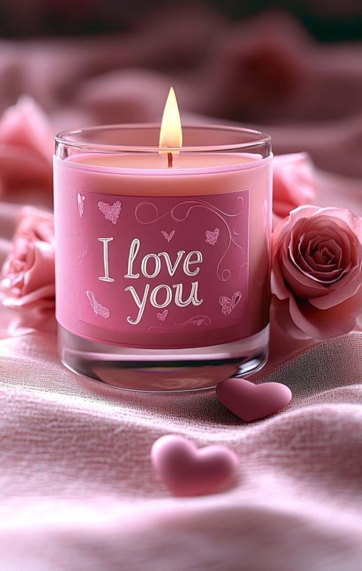 A lit pink candle in a glass jar with I love you text, surrounded by roses and heart shapes.