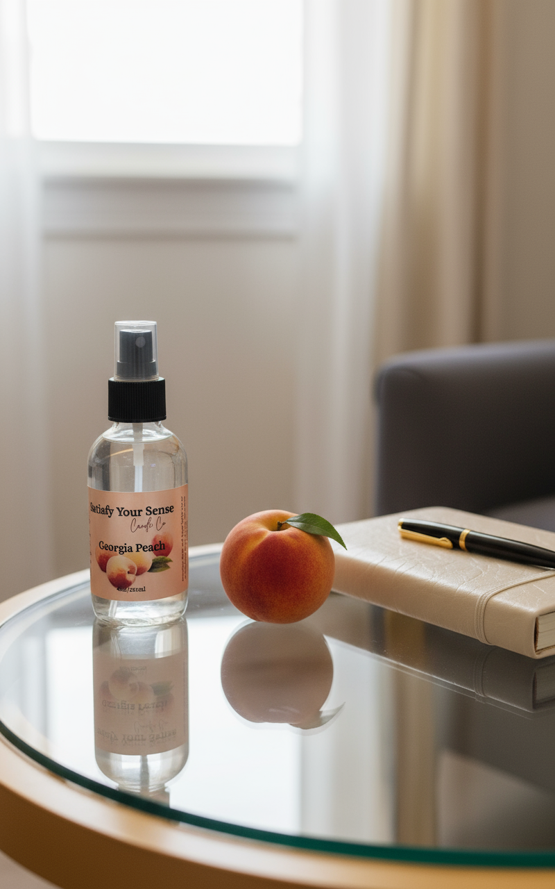 A 4oz Georgia Peach aroma room spray sits on a glass table next to a peach and a notebook.