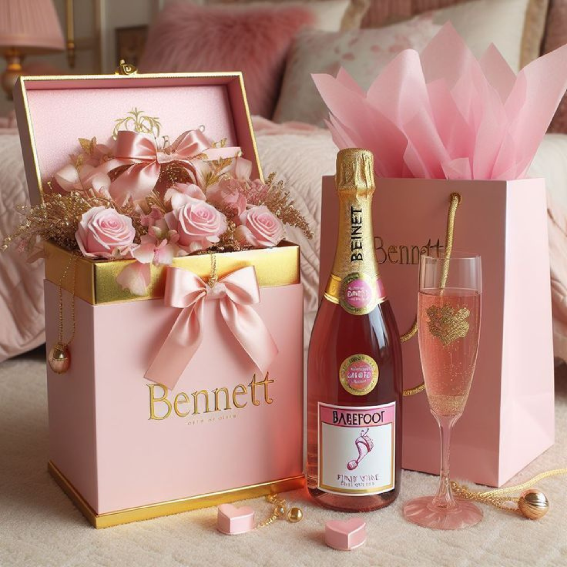 A pink gift box with roses, a bottle of sparkling wine, and a gift bag on a soft surface.