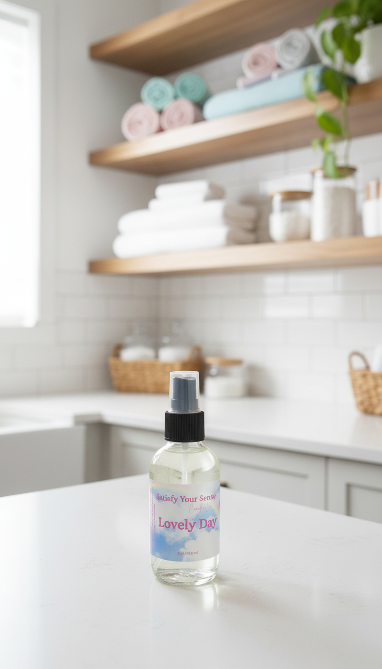 A 4oz bottle of Lovely Day aroma room spray with a colorful label.