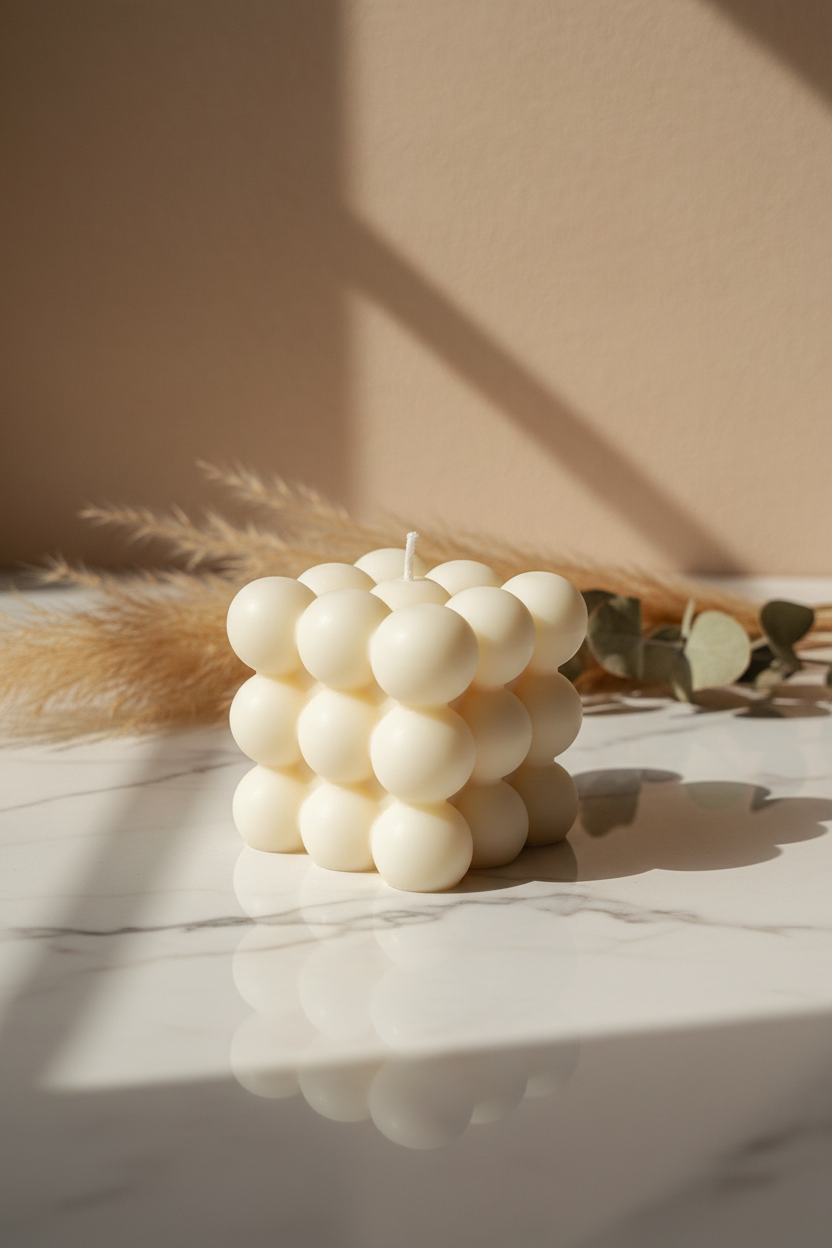 A white bubble cube candle sits on a marble surface with dried flowers.