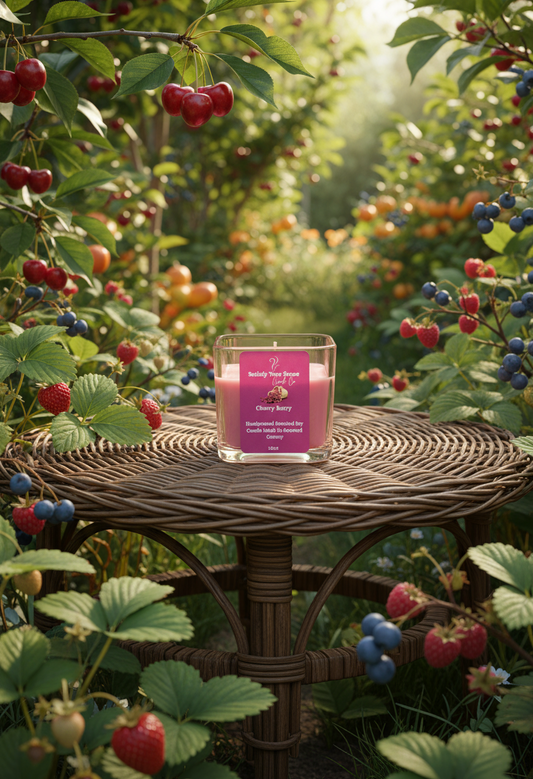 A 12oz Cherry Berry scented candle in a glass jar sits on a wicker table surrounded by berries and greenery.