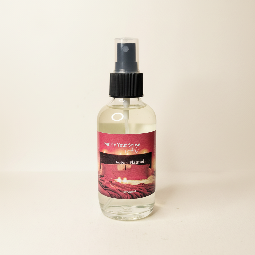 A 4oz bottle of Velvet Flannel aroma room spray with a pink label.